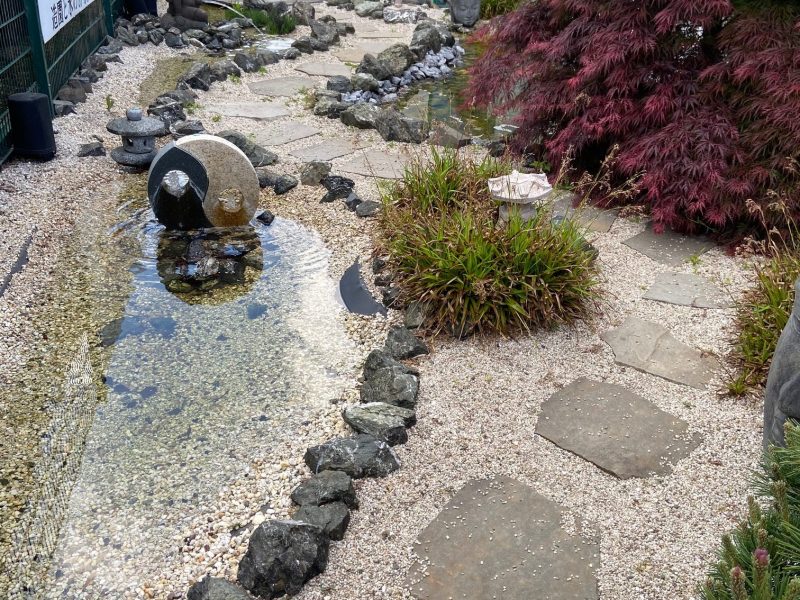 Steingarten mit Teich und Pflanzen